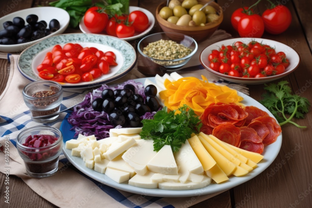 plate of sliced ingredients, ready for cooking: cheese slices, tomatoes, olives and other items, created with generative ai plate of sliced ingredients, ready for cooking: cheese slices, tomatoes, olives and other items, created with generative ai