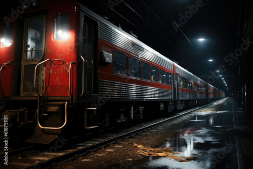 A photograph of an empty train station at night, with dimly lit platforms, flickering lights, and an overwhelming sense of stillness in