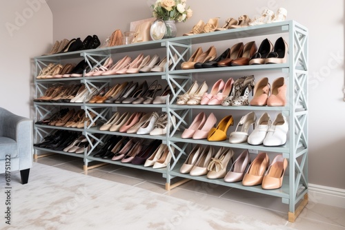 a shoe rack filled with designer heels and flats arranged in neat rows, created with generative ai
