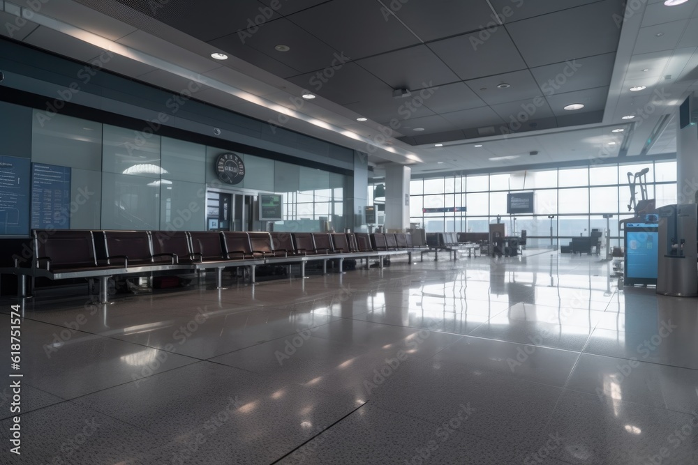 empty airport terminal, with passengers and their luggage boarding the plane on the other side of security checkpoint, created with generative ai