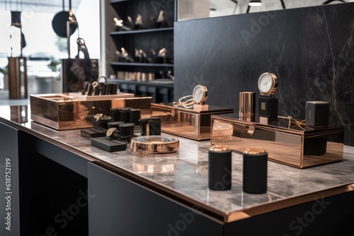 luxe accessories stand in sleek and modern store  with minimalist design  created with generative ai