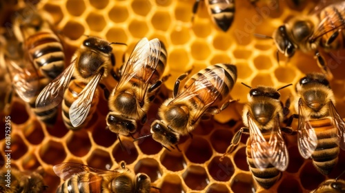 Ai generated illustration of bees on honeycomb under the lights