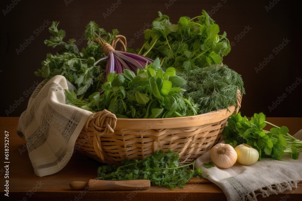 a basket of fresh produce and herbs, ready for cooking or baking, created with generative ai