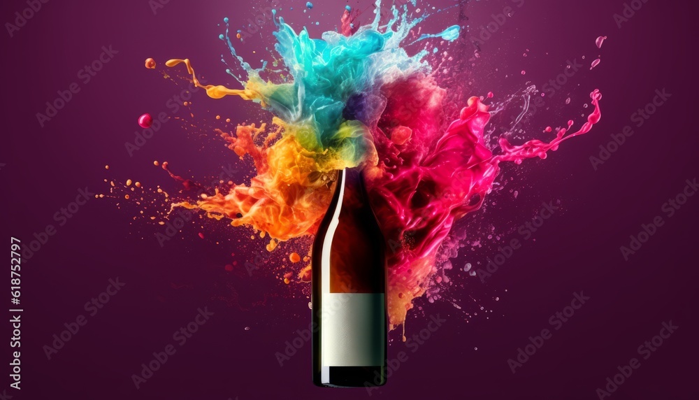 Bottle of wine ink explode as opening excitement celebration winery