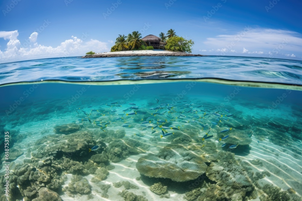 remote island with crystal clear waters and tropical fish, created with generative ai