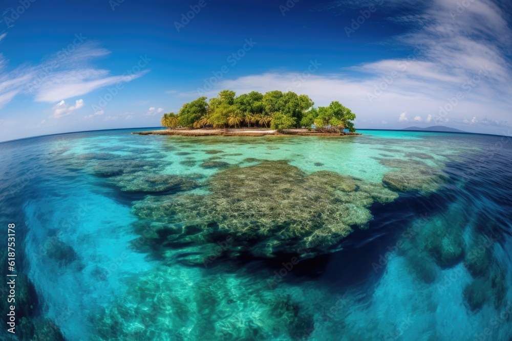 remote island with clear blue water, surrounded by coral reef, created with generative ai