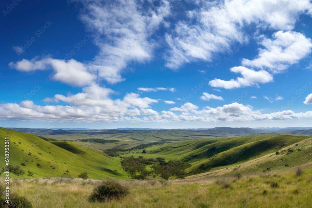 panoramic view of rolling hills with a blue sky, dotted with fluffy clouds, created with generative ai panoramic view of rolling hills with a blue sky, dotted with fluffy clouds, created with generative ai