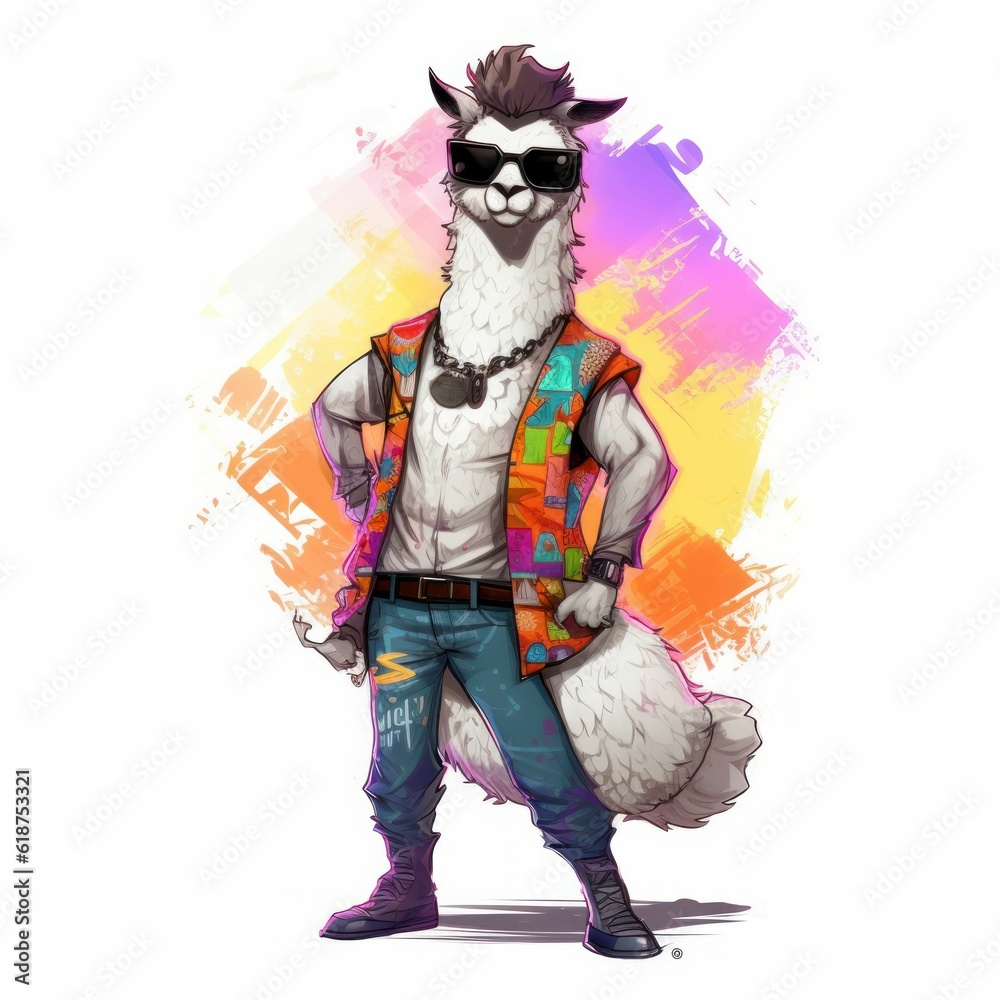 AI generated illustration of a llama wearing a multi-colored vest and sunglasses