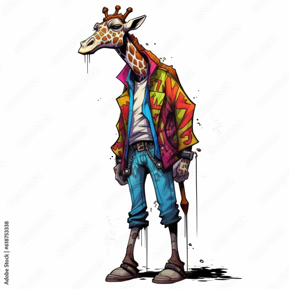 AI generated illustration of a cartoon giraffe-inspired character wearing a colorful stylish jacket