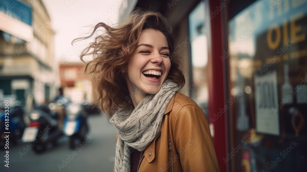 Cheerful young woman wearing a brown jacket and scarf smiles directly at the camera. AI-generated.