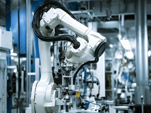 automative factory, a robotics arm with a milling spindle attachment performs the finishing cut on precision-engineered aluminum transmission parts.