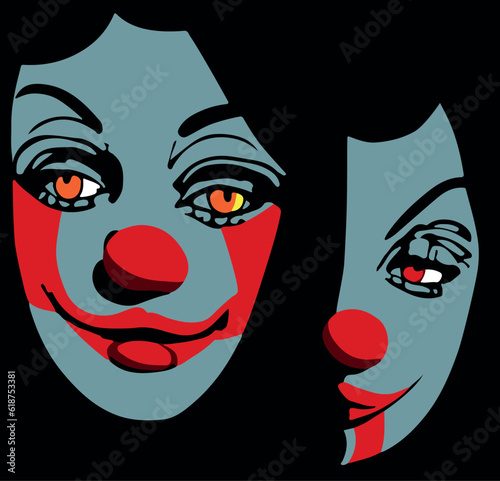 Vector of two sad clown faces in a dark background