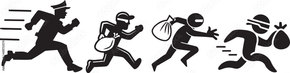 Vector illustration of a policeman chasing thieves with stolen bags. Vector illustration of a policeman chasing thieves with stolen bags.