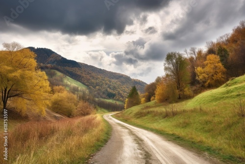 scenic road trip through the rolling hills of autumn, created with generative ai © altitudevisual