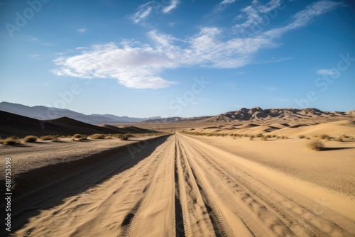 scenic road trip through the desert, with endless views of sand dunes and open skies, created with generative ai