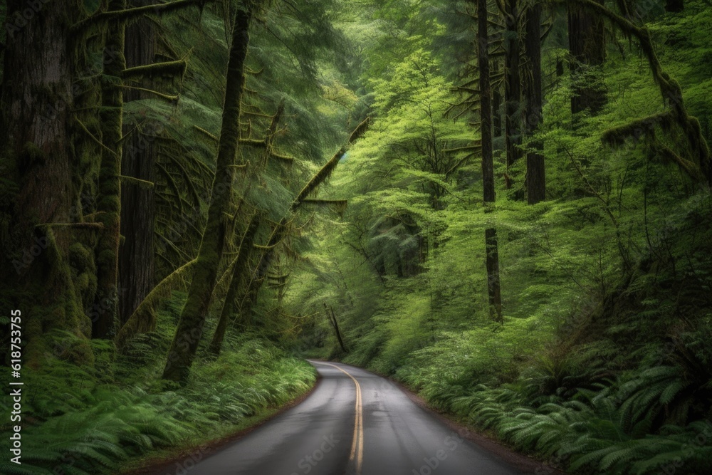 Fototapeta premium scenic road trip through a dense forest, with trees towering over the road, created with generative ai