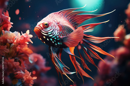 A close-up shot of a majestic angelfish swimming gracefully among the coral formations, its iridescent colors and intricate patterns creating a captivating display of beauty and elegance photo