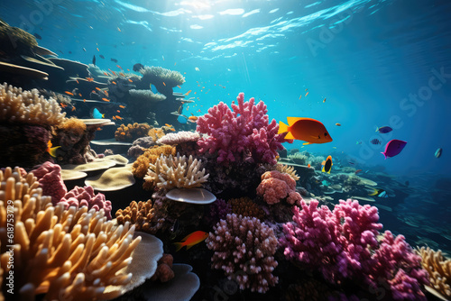 An artistic composition of a vibrant coral reef  with different species of fish arranged in a harmonious pattern  evoking a sense of balance and unity in the underwater world
