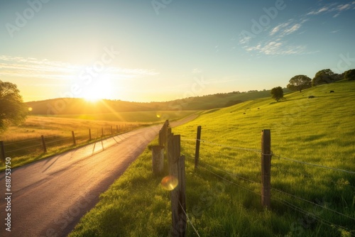 Wallpaper Mural scenic road trip through a landscape of rolling hills and pastures, with the sun setting in the background, created with generative ai Torontodigital.ca