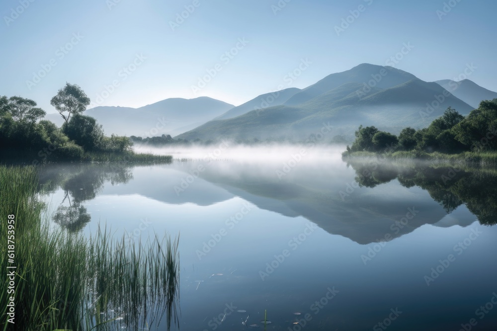 serene lake with reflection of misty mountains on the horizon, created with generative ai serene lake with reflection of misty mountains on the horizon, created with generative ai