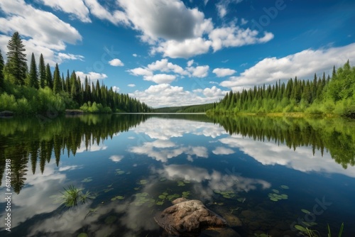 serene lake reflections with cloud-filled sky and blue waters, created with generative ai