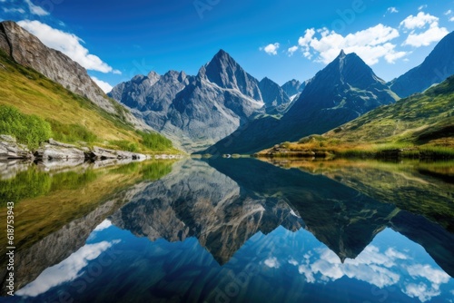 reflection of towering mountains and blue skies on serene lake  created with generative ai