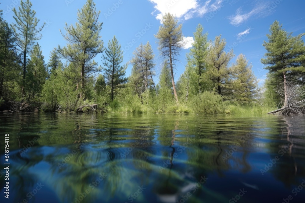 water surface reflecting towering pine trees and blue skies, created with generative ai