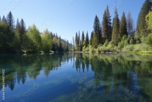 serene lake with reflections of trees and clear blue skies, created with generative ai © altitudevisual