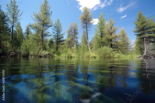 water surface reflecting towering pine trees and blue skies, created with generative ai