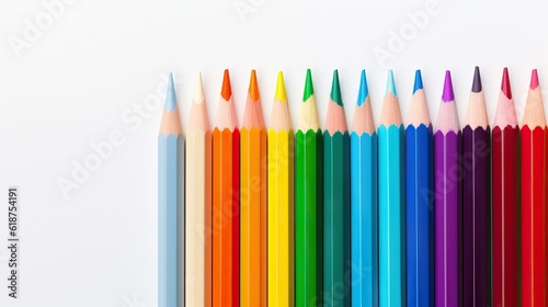 A rainbow arrangement of new, sharpened pencils on a bright white background. Generative AI.