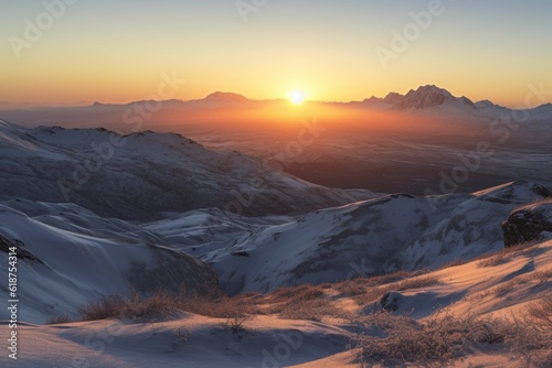 snow-covered mountain range, with sunrise in the background, created with generative ai © altitudevisual