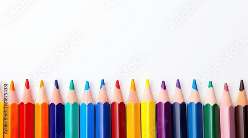 A rainbow arrangement of new, sharpened pencils on a bright white background. Generative AI.