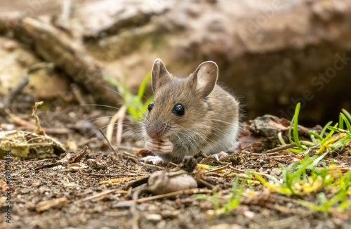 Tiny mouse foraging in the woodland
