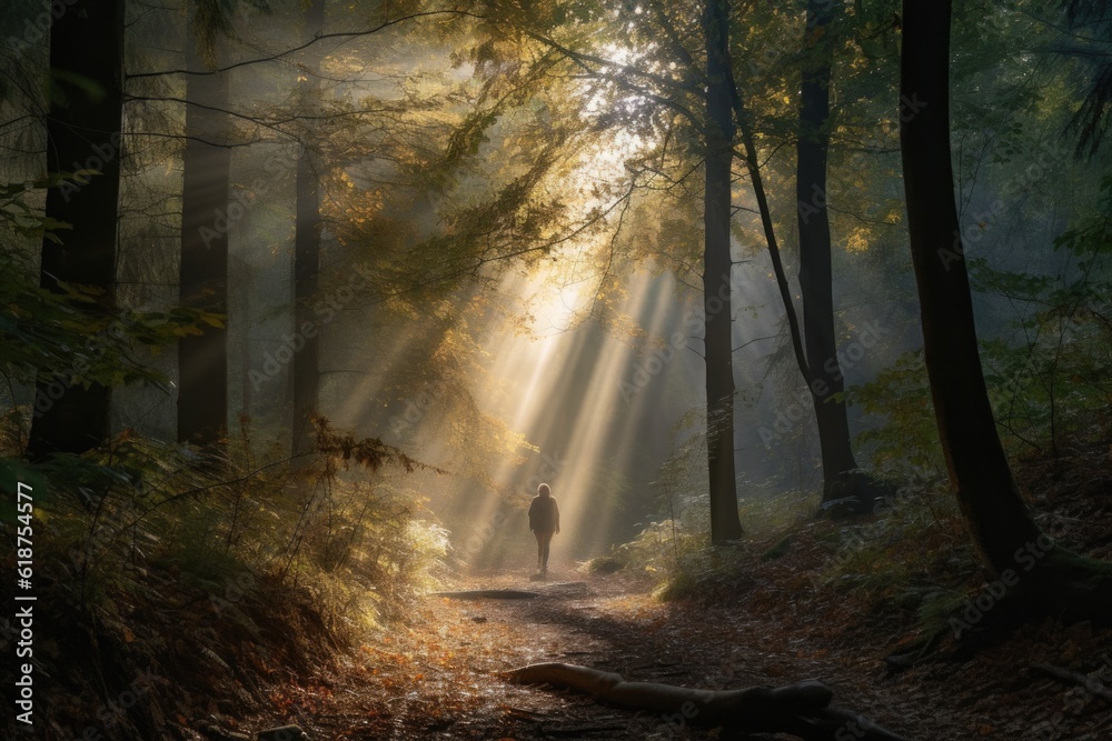 person, walking through the forest on a misty morning, with rays of sunlight shining in, created with generative ai