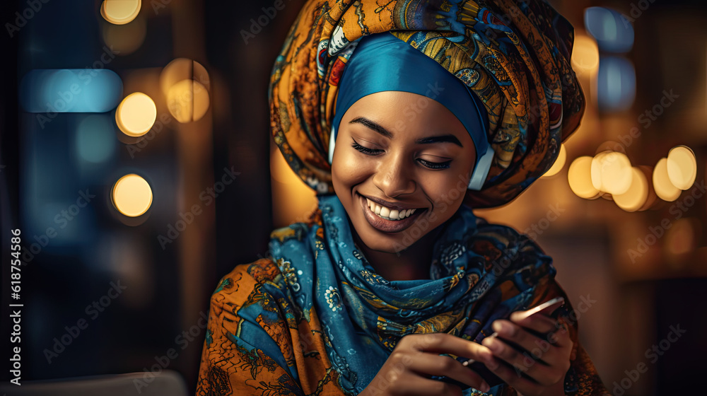 Social networks, internet surfing on the street. Smartphone in the hands of a woman in traditional african clothing Social networks, internet surfing on the street. Smartphone in the hands of a woman in traditional african clothing