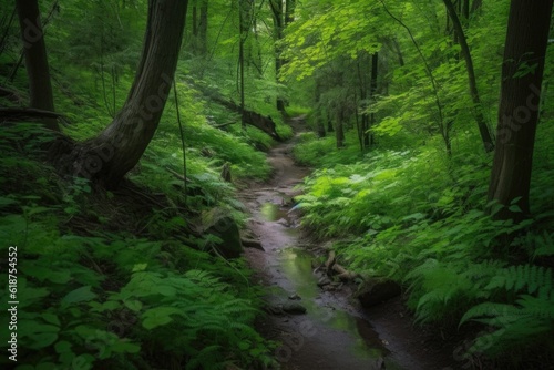 peaceful forest trail with lush greenery and trickling stream, created with generative ai