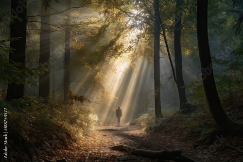 person, walking through the forest on a misty morning, with rays of sunlight shining in, created with generative ai © altitudevisual