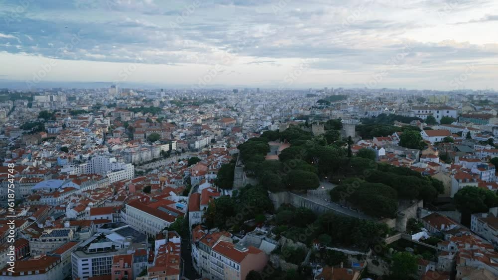 Drone view of Lisbon's cityscape by the sea Drone view of Lisbon's cityscape by the sea