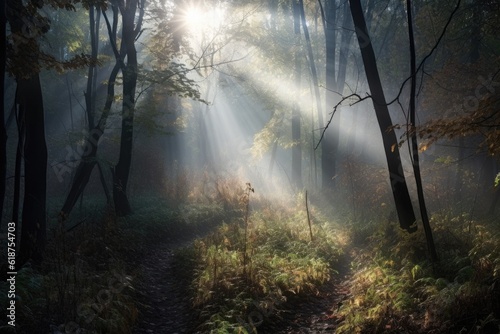 forest with misty morning fog and sunlight filtering through the trees, created with generative ai