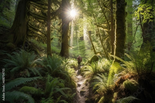 hiker  wandering through lush forest  with the sun shining through the trees  created with generative ai