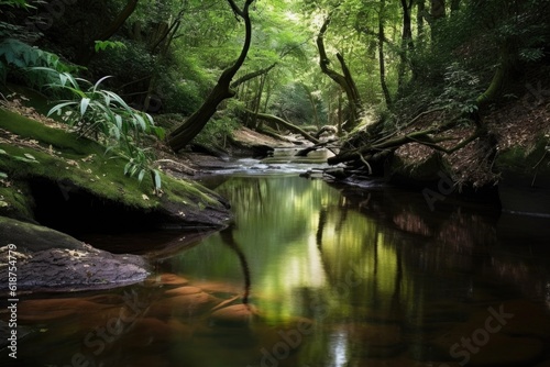 close-up of tranquil forest stream  with reflections and ripples  created with generative ai