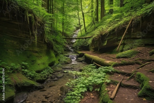 forest trail with stream and waterfalls surrounded by greenery  created with generative ai