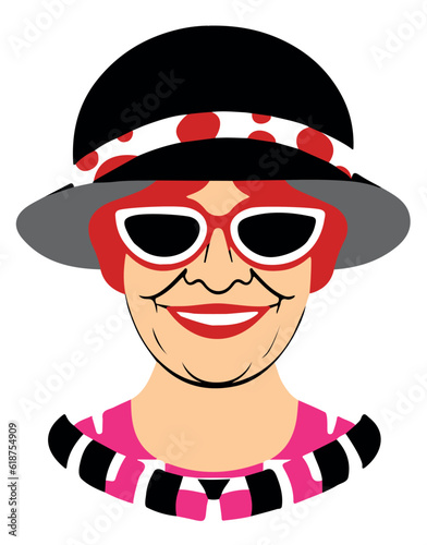 Vector of an elderly woman with vibrant red hair  wearing a stylish black hat and sunglasses
