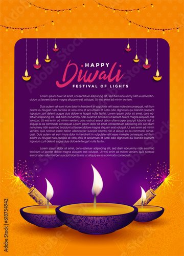 illustration of burning 3 diya on Happy Diwali festival of lights background