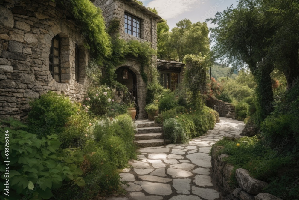 a stone villa with a winding path and lush greenery, created with generative ai