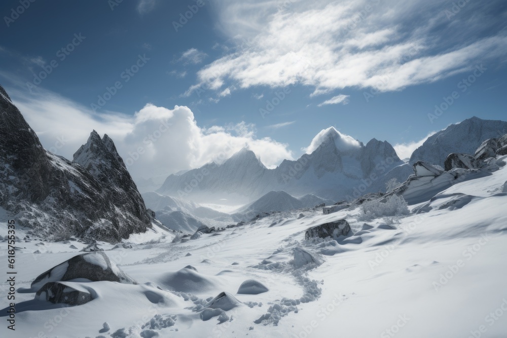 Fototapeta premium snow-covered peaks and glaciers in winter, with blue skies and clouds, created with generative ai