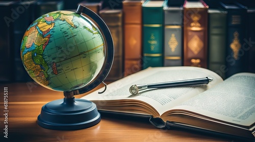 A close-up of a globe with a magnifying glass, textbooks and a notebook. Generative AI.
