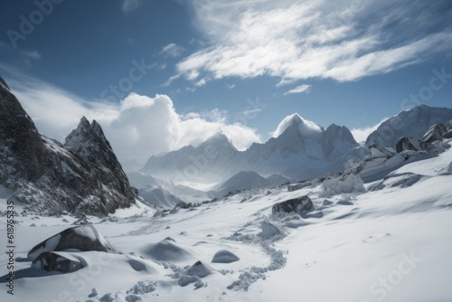snow-covered peaks and glaciers in winter, with blue skies and clouds, created with generative ai