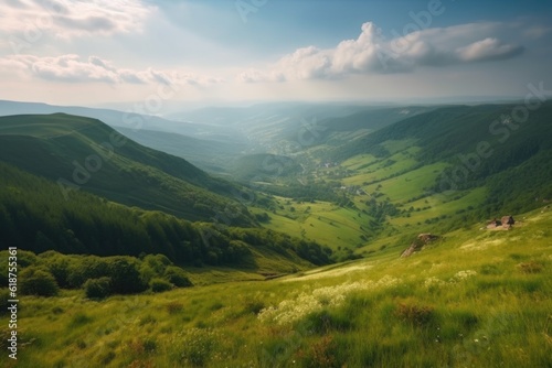 mountaintop view of endless valley filled with rolling green meadows, created with generative ai