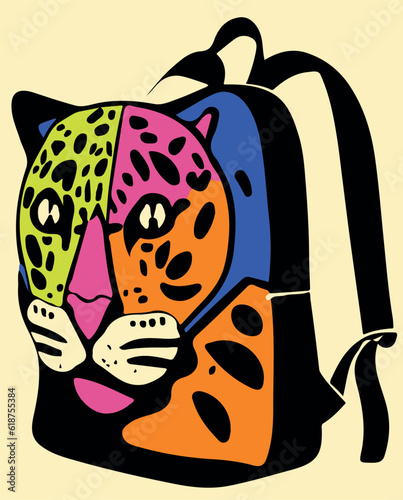 Vector of a vibrant backpack with a whimsical cat design